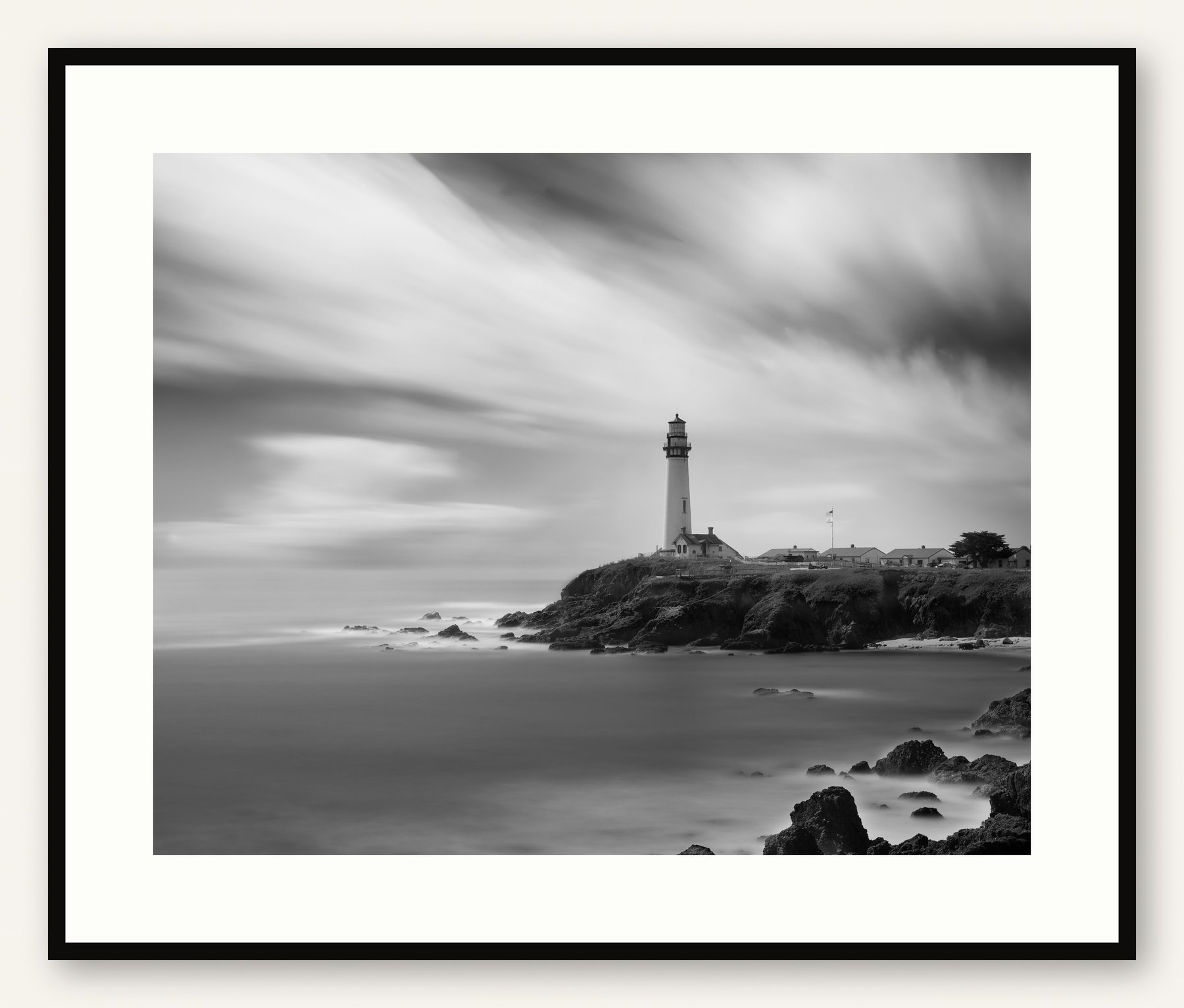 The Lighthouse, Pigeon Point, framed black and white long exposure print by Kofi Amoa