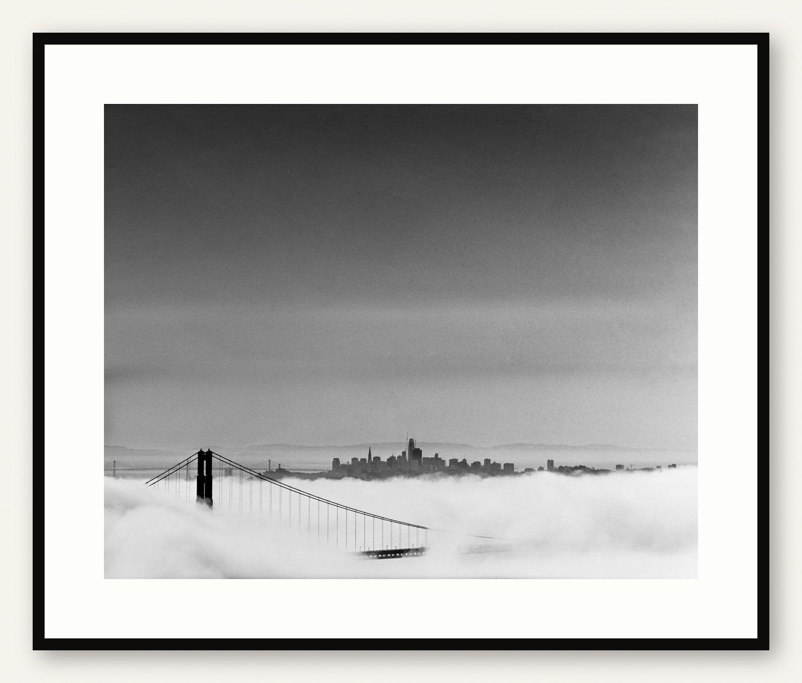 Above the Foggy Bridge, framed black and white infrared print of the Golden Gate Bridge by Kofi Amoa