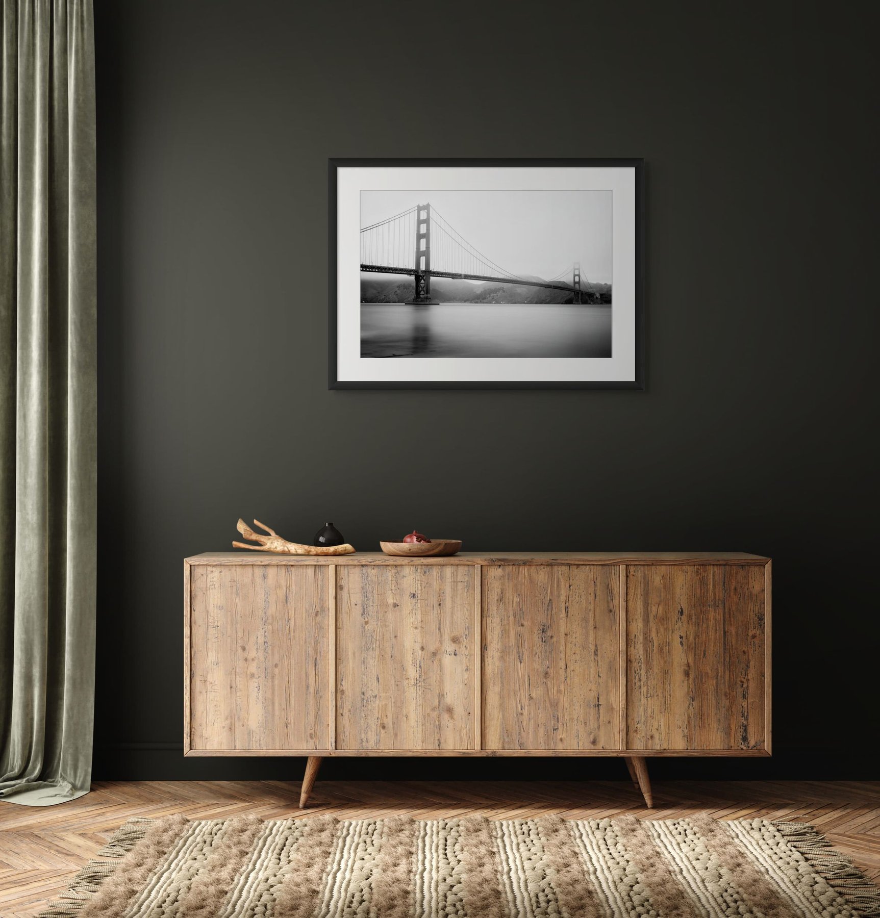The Golden Gate, black and white long exposure print by Kofi Amoa, shown in a living room